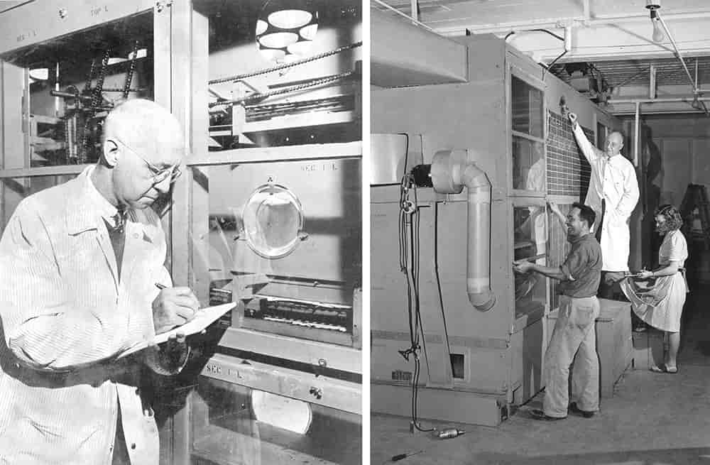Black and white photo montage showing Clarence Birdseye at left inspecting and taking notes in front of early flash-freezing equipment; at right, a team of three people—including a man and woman—work on a large industrial freezing unit in a laboratory setting.