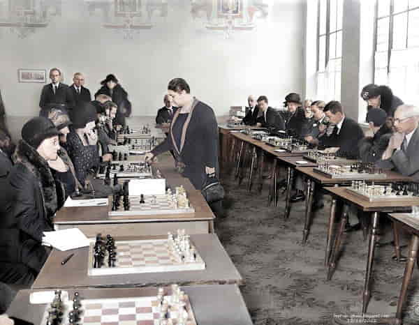 Vera Menchik during a chess tournament in 1932, focused and composed.