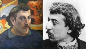 Side-by-side comparison of Paul Gauguin's painted self-portrait on the left and a black-and-white photographic portrait of him on the right.