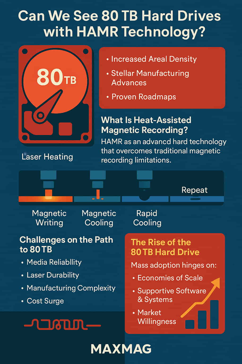 Infographic titled “Can We See 80 TB Hard Drives with HAMR Technology?” illustrating how HAMR works with colorful visuals of the process, key challenges, and benefits, with the MAXMAG logo at the bottom center.