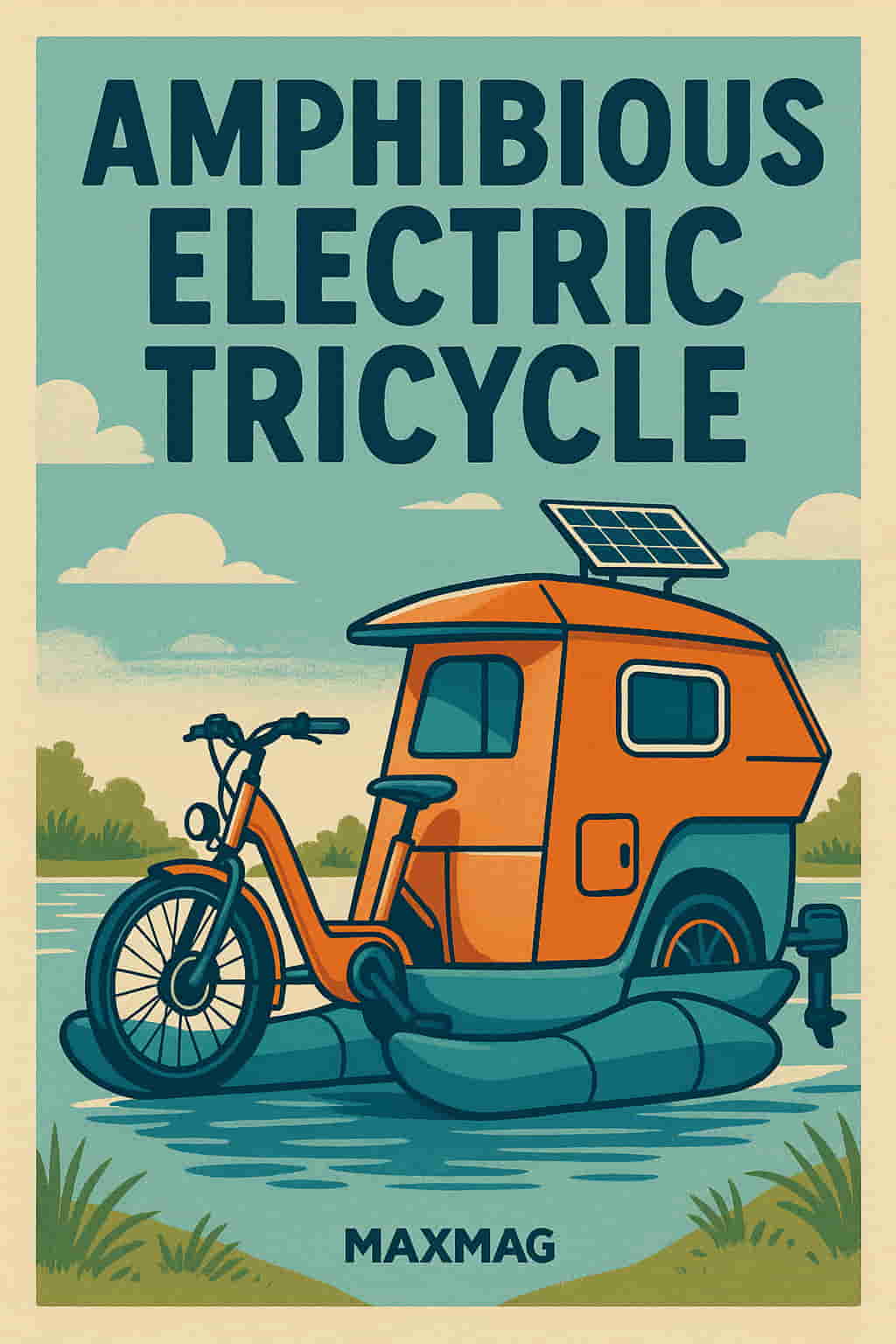Illustration of an amphibious electric tricycle with an orange cabin, solar panel roof, and inflatable pontoons floating on water, under a retro-style sky, with the MAXMAG logo centered at the bottom.