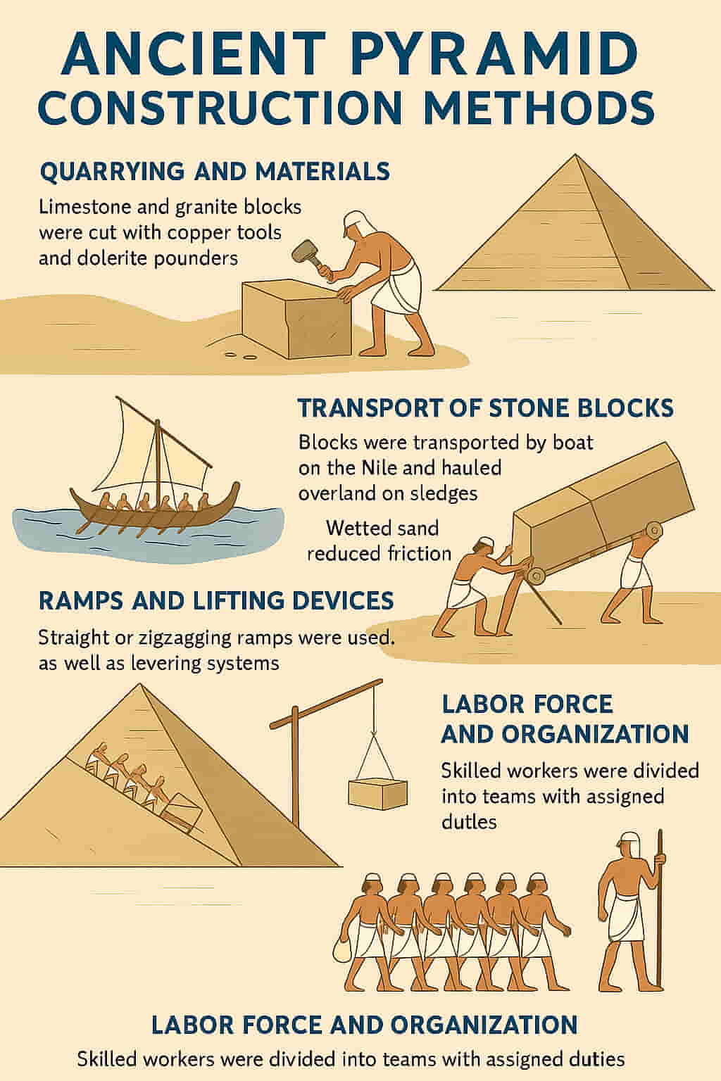 Infographic detailing ancient pyramid construction methods with illustrations of stone quarrying, transportation, ramp building, and labor organization on a parchment-style background.