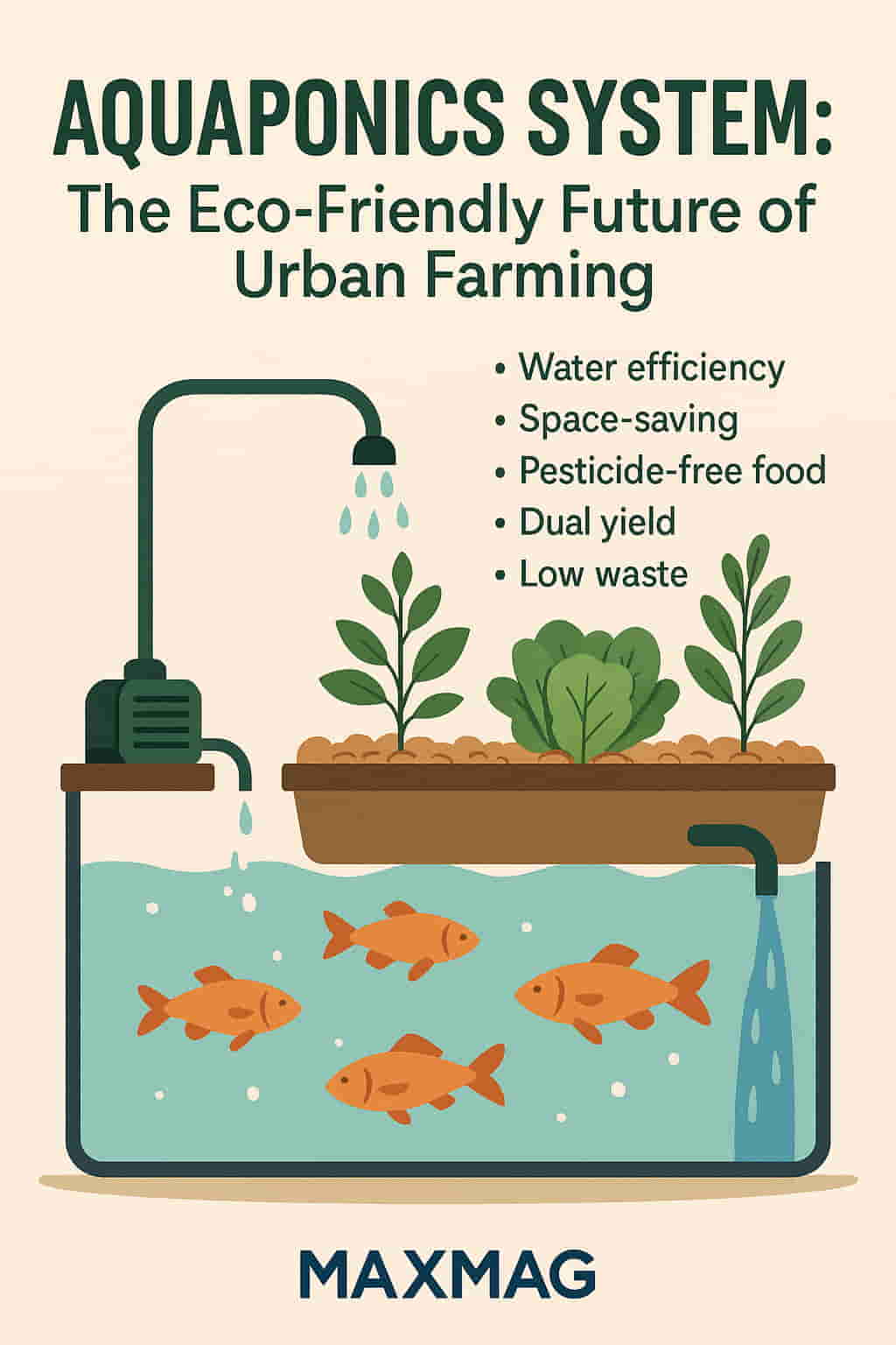 Infographic illustration of an aquaponics system showing orange fish in a water tank with plants growing above in a gravel bed, connected by a water circulation pump; the background is beige with the MAXMAG logo centered at the bottom.