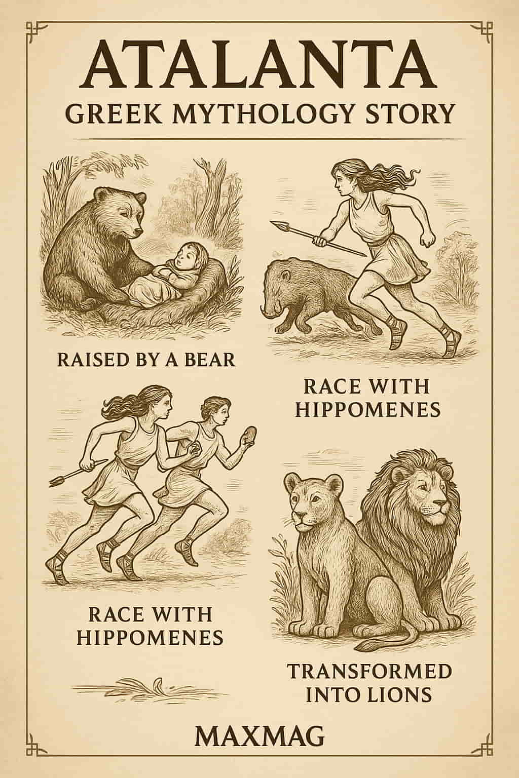 Sepia-toned infographic titled "Atalanta Greek Mythology Story," depicting four key scenes: Atalanta raised by a bear, her role in the boar hunt, her race with Hippomenes, and their transformation into lions, all on a parchment-like background with MAXMAG logo at the bottom.