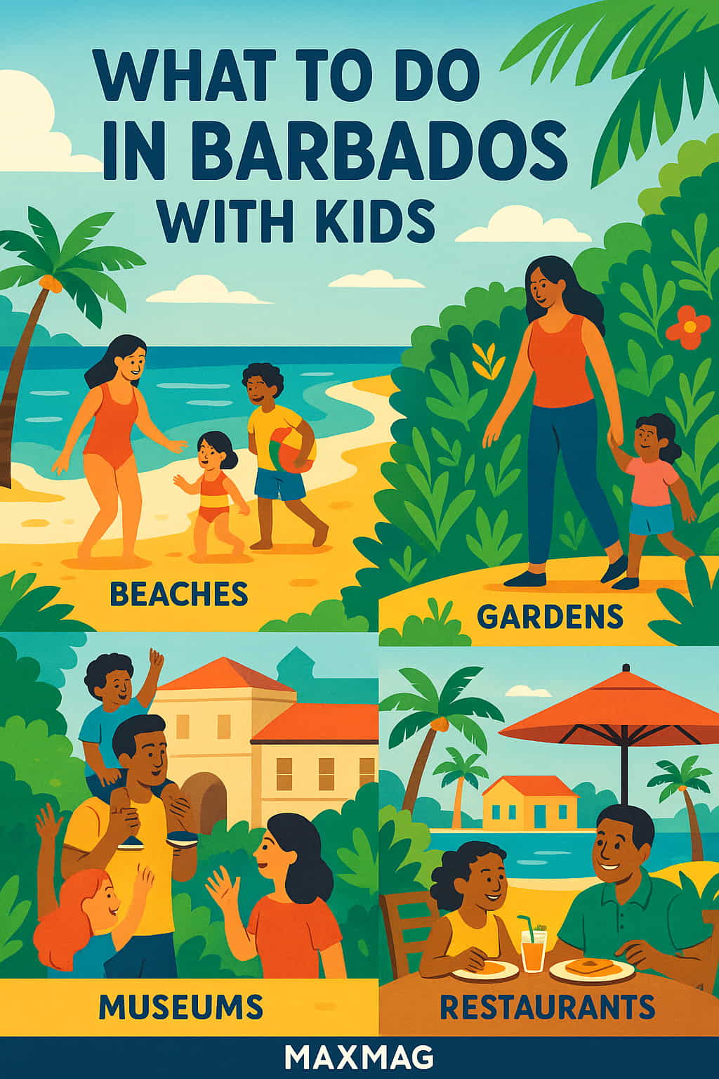 Illustrated travel poster titled “What to Do in Barbados with Kids,” showing families enjoying beach fun, tropical garden walks, museum visits, and outdoor dining, all set in a bright Caribbean setting with the MaxMag logo at the bottom center.