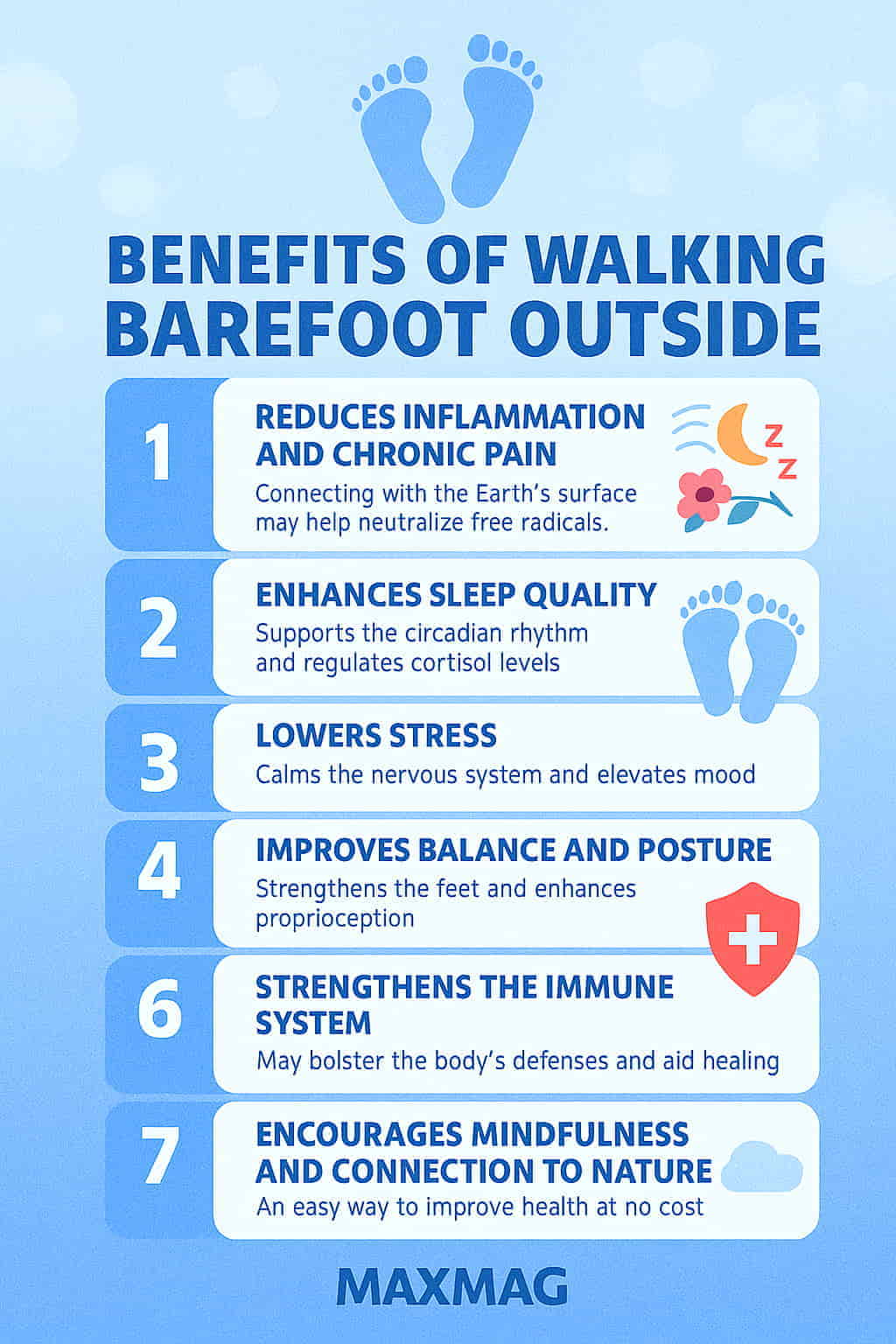 Infographic titled "Benefits of Walking Barefoot Outside" by MaxMag. It lists seven health benefits—reduced inflammation, improved sleep, lowered stress, better balance, stronger immunity, enhanced mindfulness, and accessibility—each with icons, on a light blue background. The MaxMag logo appears at the bottom.
