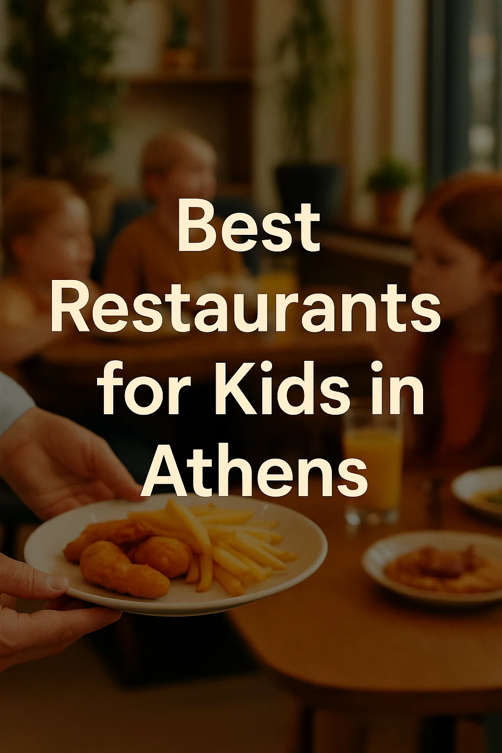 A promotional digital infographic featuring the title "Best Restaurants for Kids in Athens" in bold white letters, overlaid on a warm-toned photo of children dining at a cozy restaurant. A plate of chicken nuggets and fries is being served in the foreground, symbolizing a family-friendly meal setting.