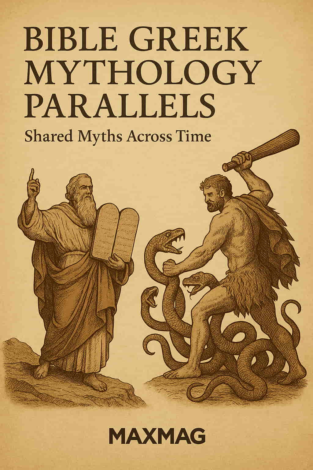 Sepia-toned vintage illustration showing Moses with the Ten Commandments facing Hercules battling the Hydra, under the title "Bible Greek Mythology Parallels" with MAXMAG logo at the bottom.