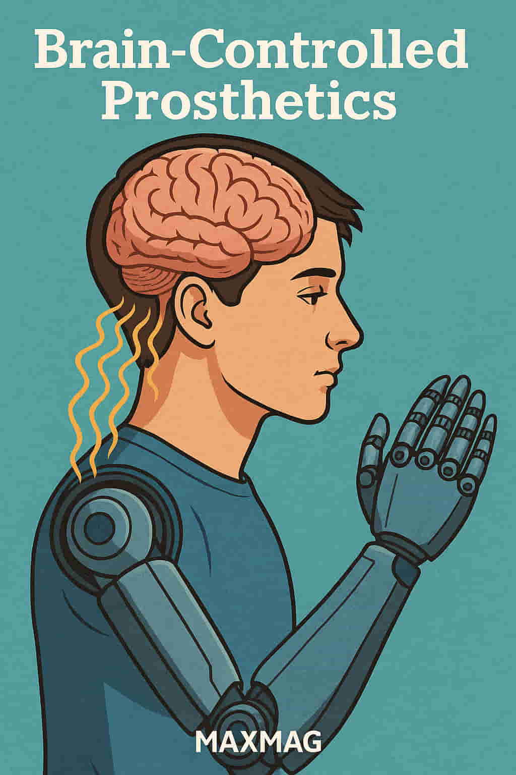 Illustration of a young man with a brain-controlled prosthetic arm, neural signals connecting his brain to the limb, with the title “Brain-Controlled Prosthetics” at the top and the MAXMAG logo at the bottom.