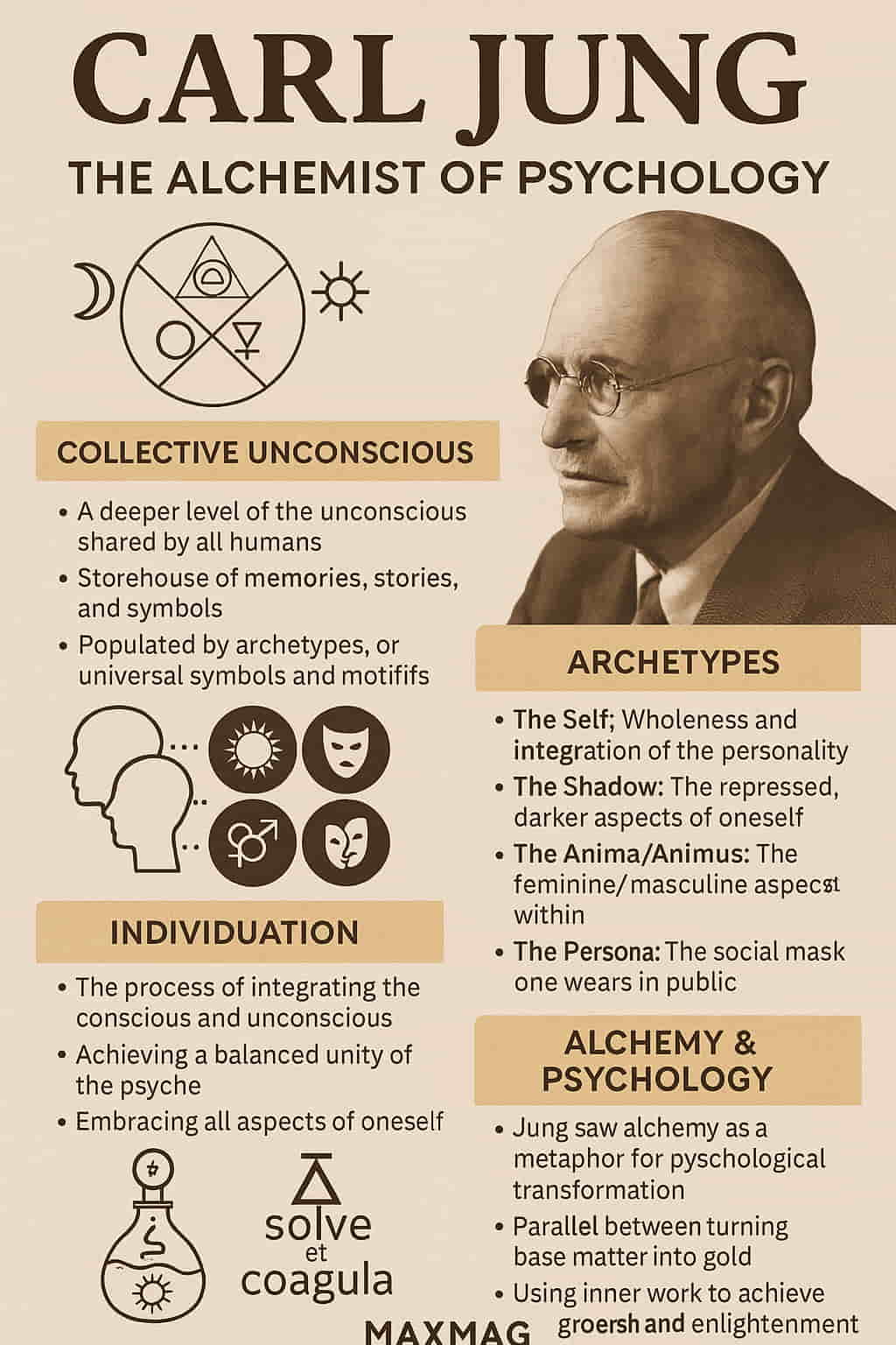 Infographic explaining Jungian alchemy meaning, including Carl Jung’s portrait, alchemical symbols, stages of transformation—Nigredo, Albedo, Rubedo—and their psychological interpretations.