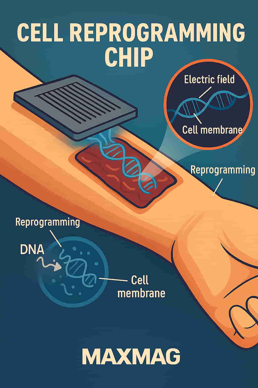 Digital illustration of a cell reprogramming chip applied to a human forearm, emitting DNA strands into a wound. The image includes labeled insets showing how electric fields enable targeted reprogramming of cells using DNA, with the MAXMAG logo at the bottom.