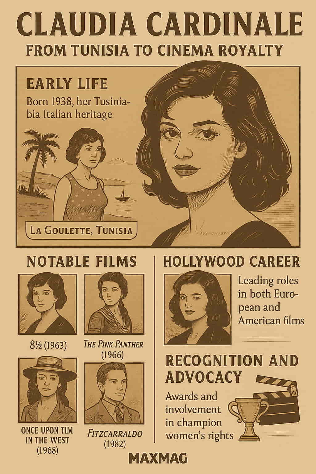 A sepia-toned vintage-style infographic titled "Claudia Cardinale: From Tunisia to Cinema Royalty," featuring illustrated portraits of the actress and highlighting her early life, notable films, Hollywood career, and advocacy work. The MAXMAG logo appears centered at the bottom.