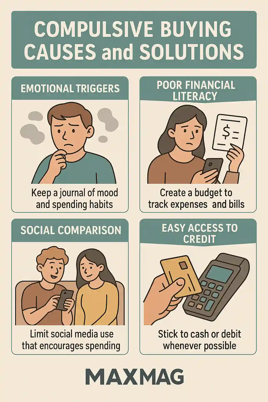 Infographic titled "Compulsive Buying Causes and Solutions" by MaxMag, showing four illustrated causes and matching solutions: emotional triggers (journaling), poor financial literacy (budgeting), social comparison (limiting social media), and easy access to credit (using cash or debit).