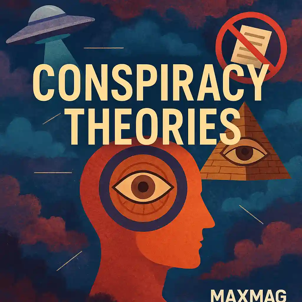 Colorful illustration titled "Conspiracy Theories" featuring a surreal background of red and blue clouds. Central elements include a stylized red human head with a wide eye, a UFO beaming light from the sky, a pyramid with an all-seeing eye, and a red prohibition symbol over a document. The word “CONSPIRACY THEORIES” appears in large yellow font at the center, with the MaxMag logo at the bottom.