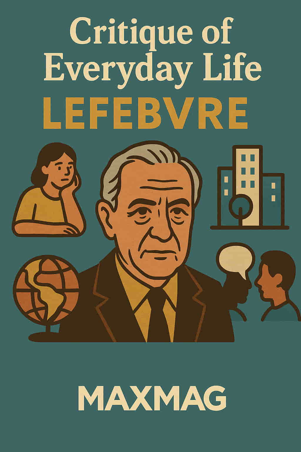 Digital illustration of Henri Lefebvre with symbolic icons and the word "MAXMAG" at the bottom center on a teal background.