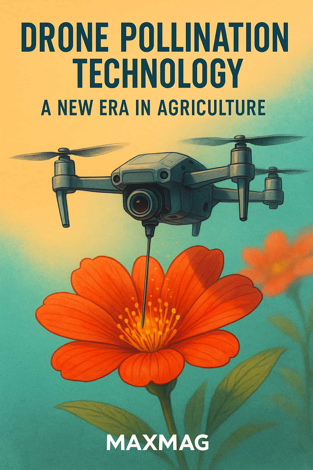Illustration of a drone hovering above a bright red-orange flower, releasing pollen onto its center, symbolizing drone pollination technology; MAXMAG logo is displayed at the bottom center.