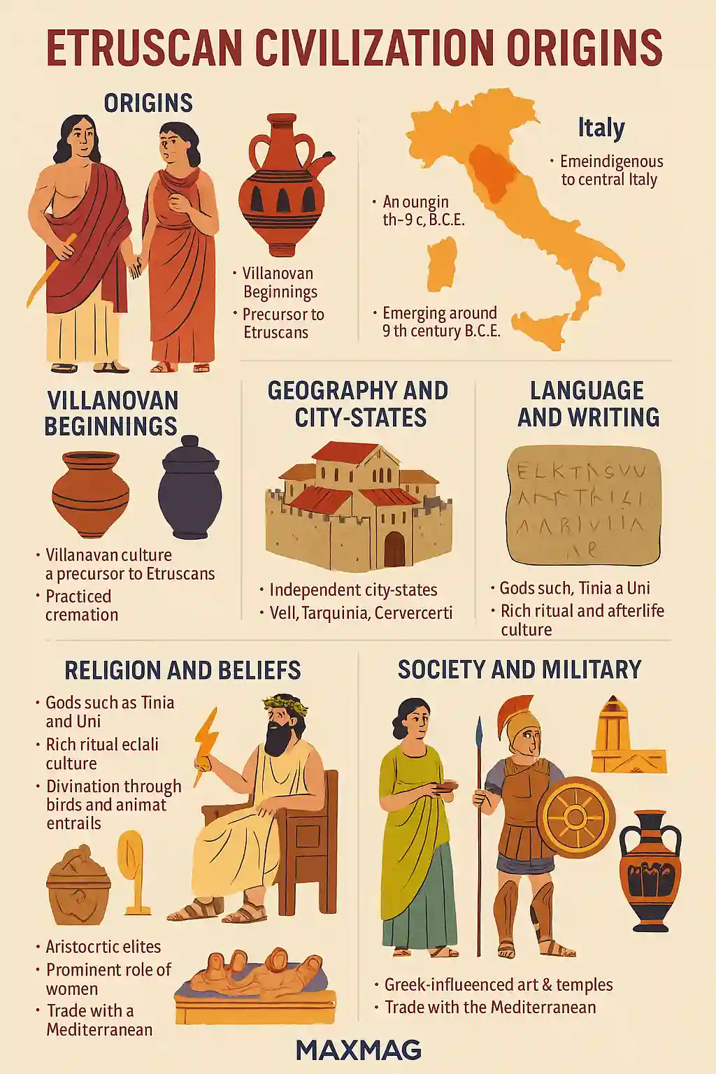 Infographic titled "Etruscan Civilization Origins" featuring colorful illustrations of key cultural themes, including origins, city-states, language, religion, and society, with a map of Italy and the MAXMAG logo at the bottom.