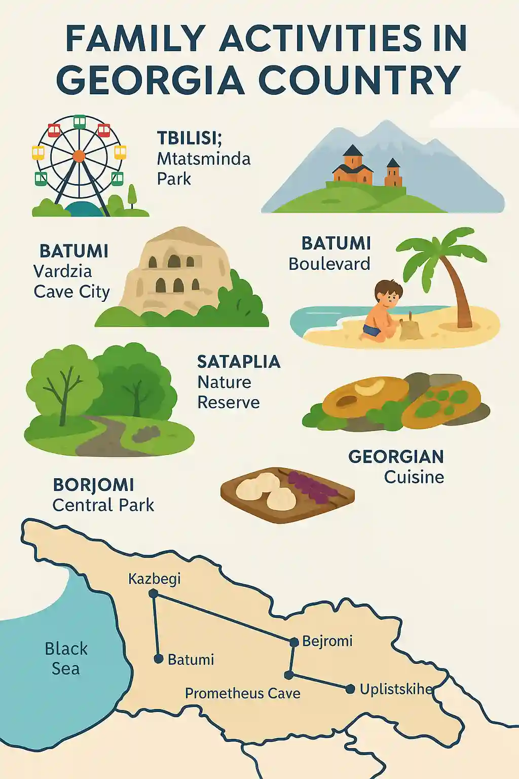 Infographic titled "Family Activities in Georgia Country" featuring illustrated highlights like Mtatsminda Park, Vardzia Cave City, Sataplia Nature Reserve, Batumi Boulevard, and a map of Georgia with marked family travel routes between destinations such as Tbilisi, Kazbegi, Batumi, and Prometheus Cave.