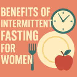 A flat, minimalist infographic with cream-colored text reading "Benefits of Intermittent Fasting for Women" on a coral background, accompanied by icons of a plate, clock, fork, and apple in warm and teal tones.