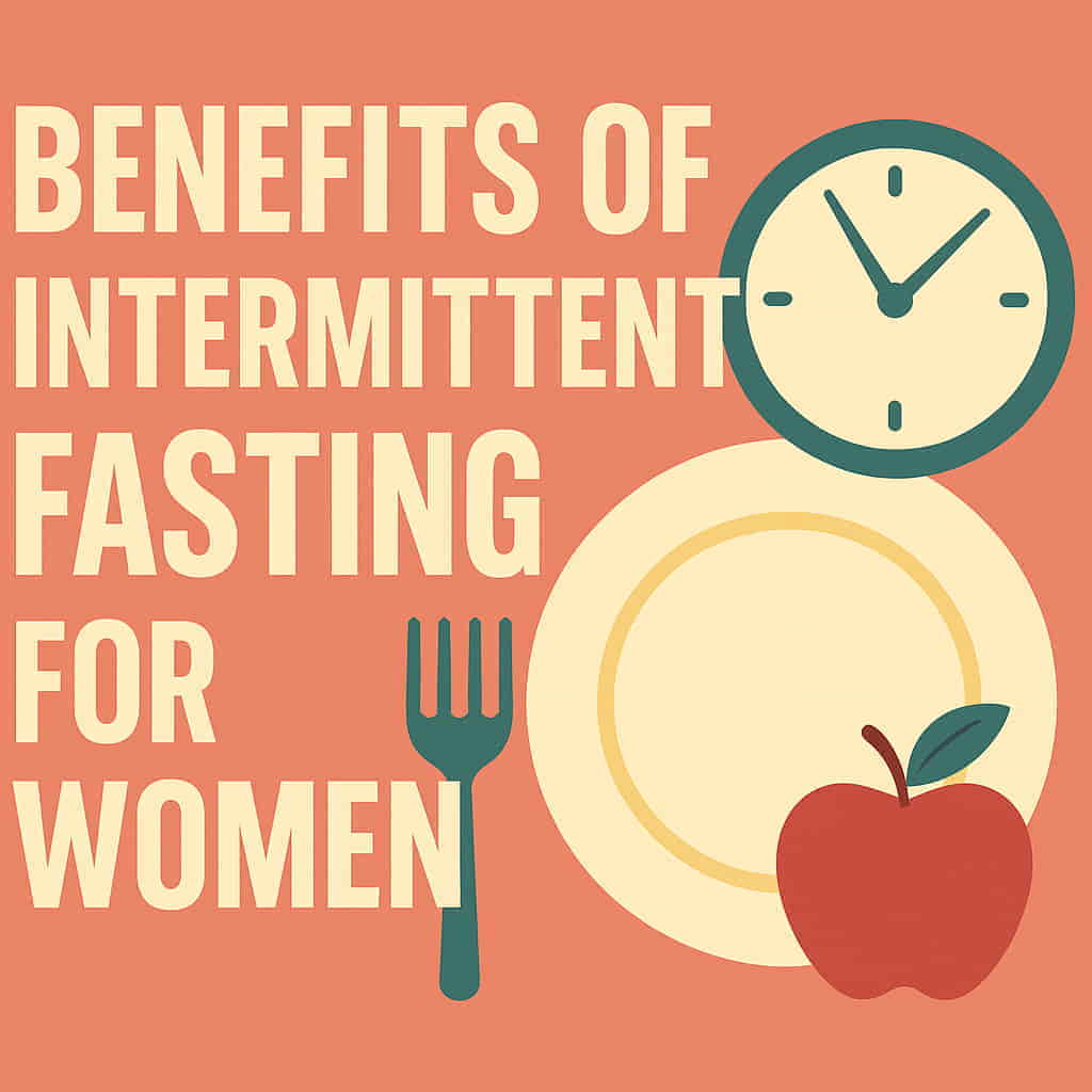 A flat, minimalist infographic with cream-colored text reading "Benefits of Intermittent Fasting for Women" on a coral background, accompanied by icons of a plate, clock, fork, and apple in warm and teal tones.
