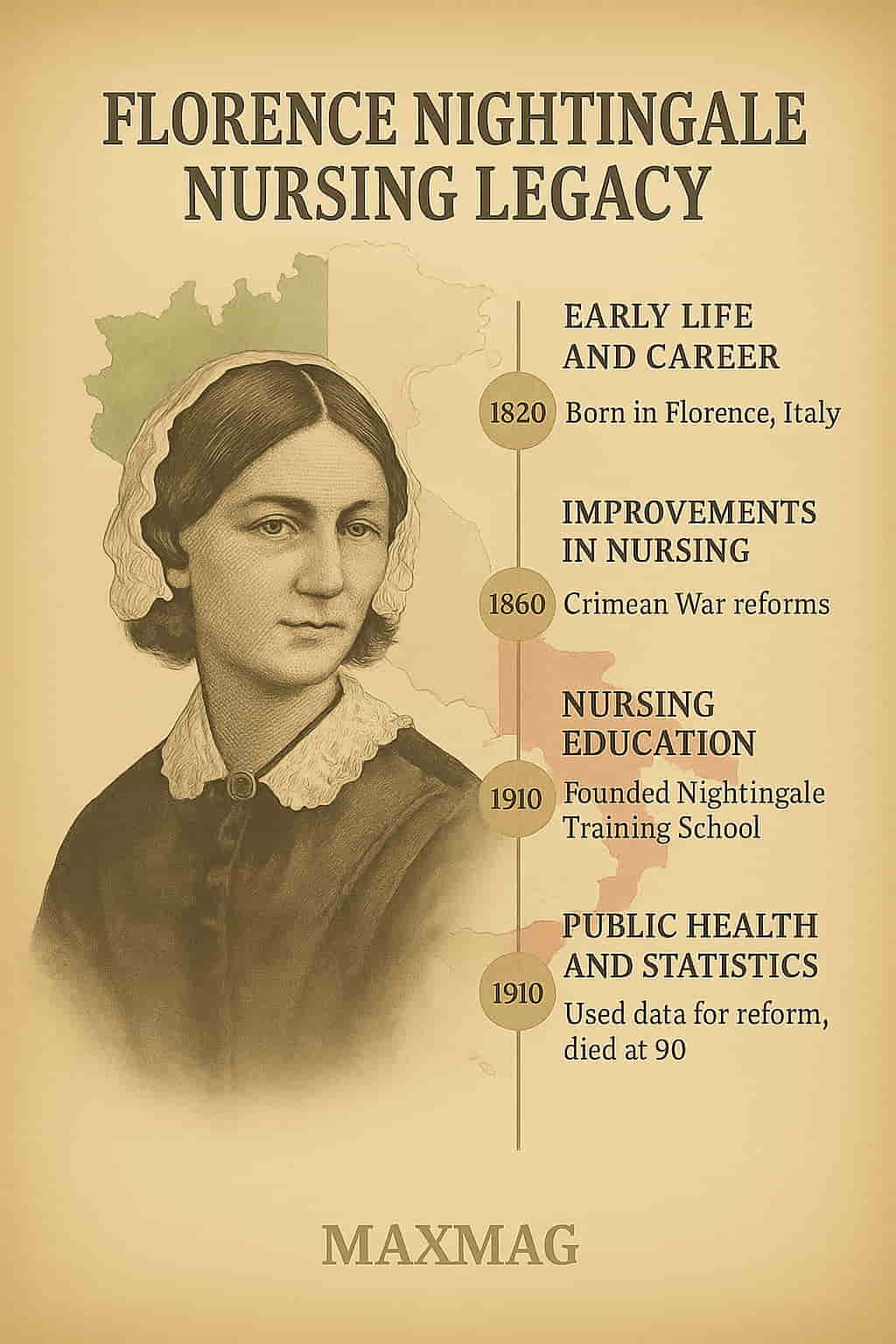 Sepia-toned infographic titled "Florence Nightingale Nursing Legacy," featuring a portrait of Nightingale over a faint map of Italy in flag colors, with a vertical timeline showing her major life milestones from 1820 to her death in 1910, and the MAXMAG logo at the bottom.