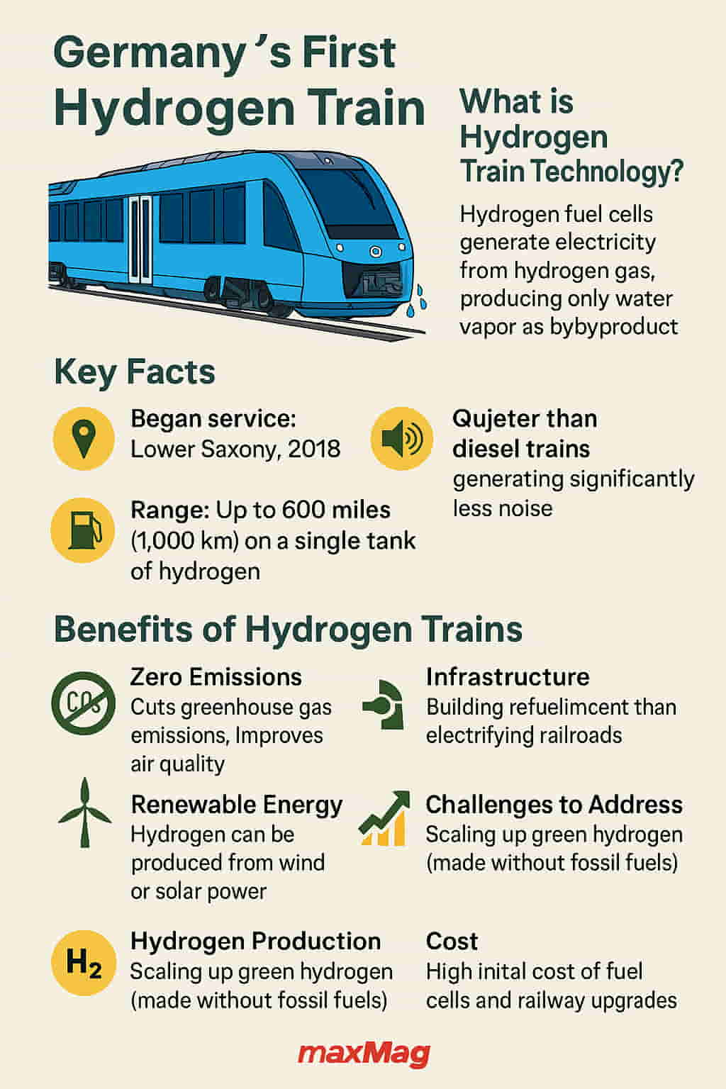 Infographic titled "Germany’s First Hydrogen Train" featuring a blue hydrogen-powered train, key facts about its range and launch in Lower Saxony, benefits such as zero emissions and renewable energy use, and challenges like cost and green hydrogen production. The MaxMag logo is displayed at the bottom center.