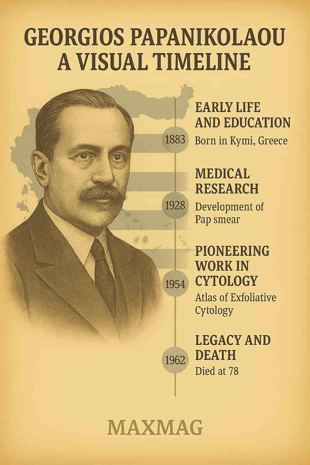 Sepia-toned visual timeline of Georgios Papanikolaou, featuring his portrait, a faded Greek flag in the background, and key milestones from 1883 to 1962, including the invention of the Pap smear and the foundation of cytology.
