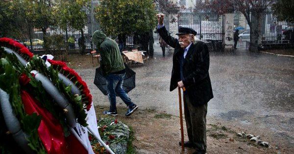 Manolis Glezos attending a commemoration at the Athens Polytechnic uprising memorial