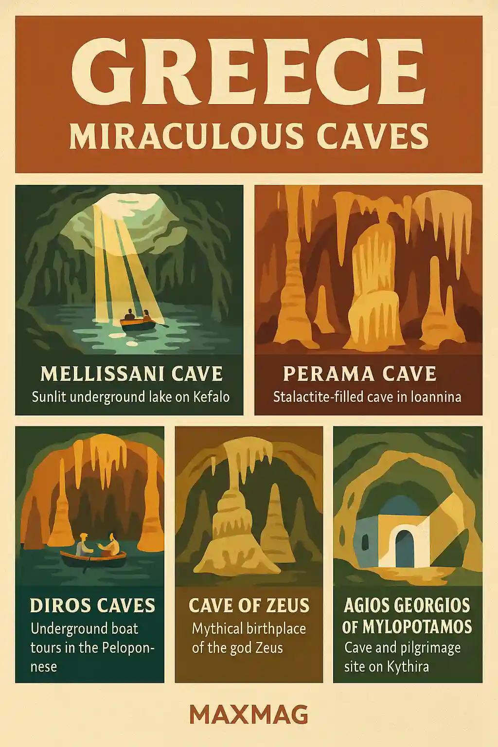 Infographic titled "Greece Miraculous Caves" showcasing key subterranean sites across Greece—including Melissani, Diros, Perama, and the Cave of Zeus—with illustrated cave entrances, mythological symbols, geological features, and a MAXMAG logo at the bottom center.