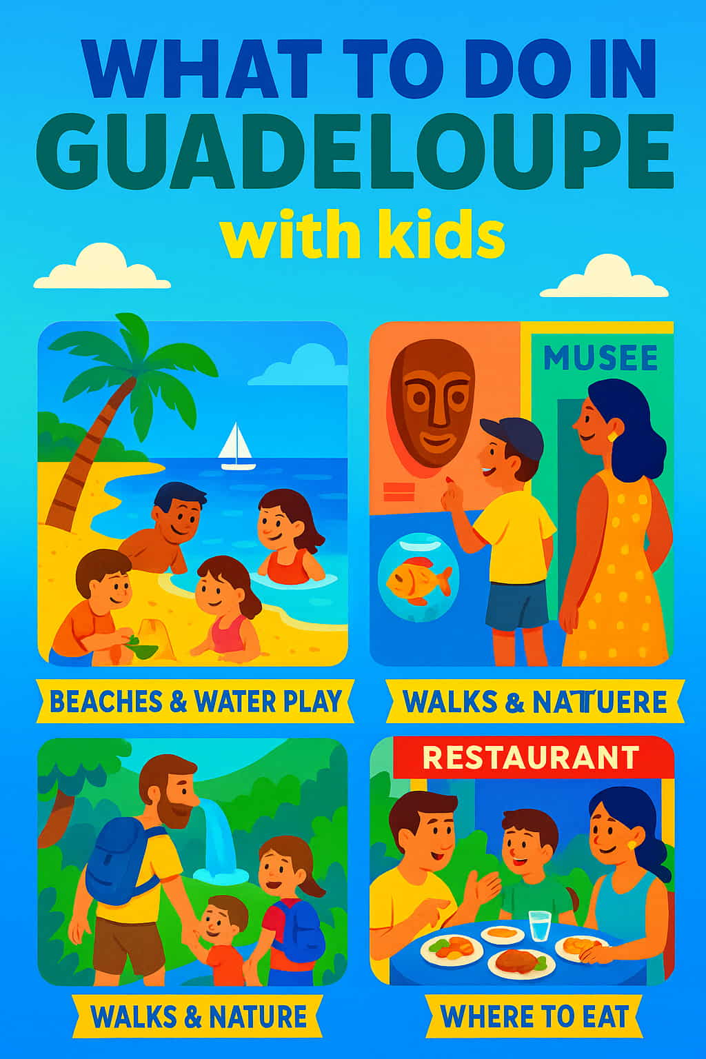 Colorful illustrated travel poster titled “What to Do in Guadeloupe with Kids,” featuring four panels showing families enjoying the beach, visiting a museum, hiking near a waterfall, and eating at a restaurant, set against a bright blue background.