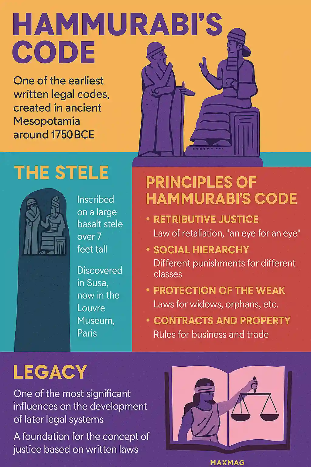 Colorful infographic titled “Hammurabi’s Code” featuring illustrated elements about its origins, key laws, and impact on legal history, with the MAXMAG logo centered at the bottom.