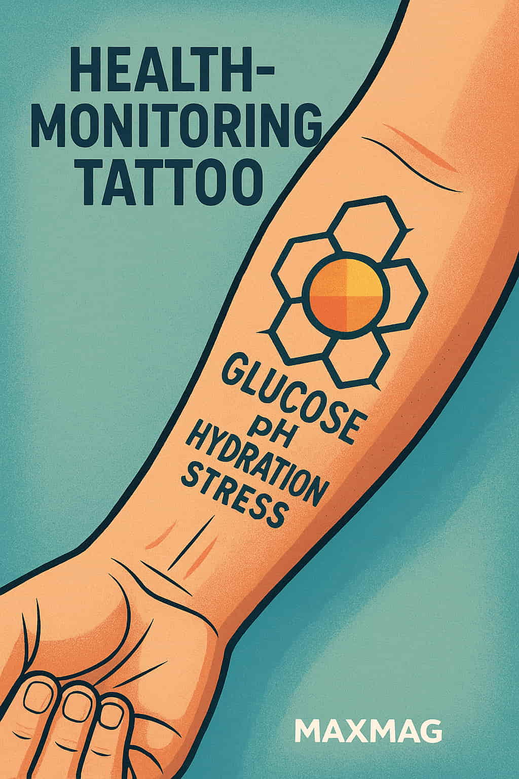 Illustration of a forearm featuring a hexagonal health-monitoring tattoo with the words "GLUCOSE," "pH," "HYDRATION," and "STRESS" beneath it; a gradient circle sits in the center of the tattoo, and the MAXMAG logo appears at the bottom center.