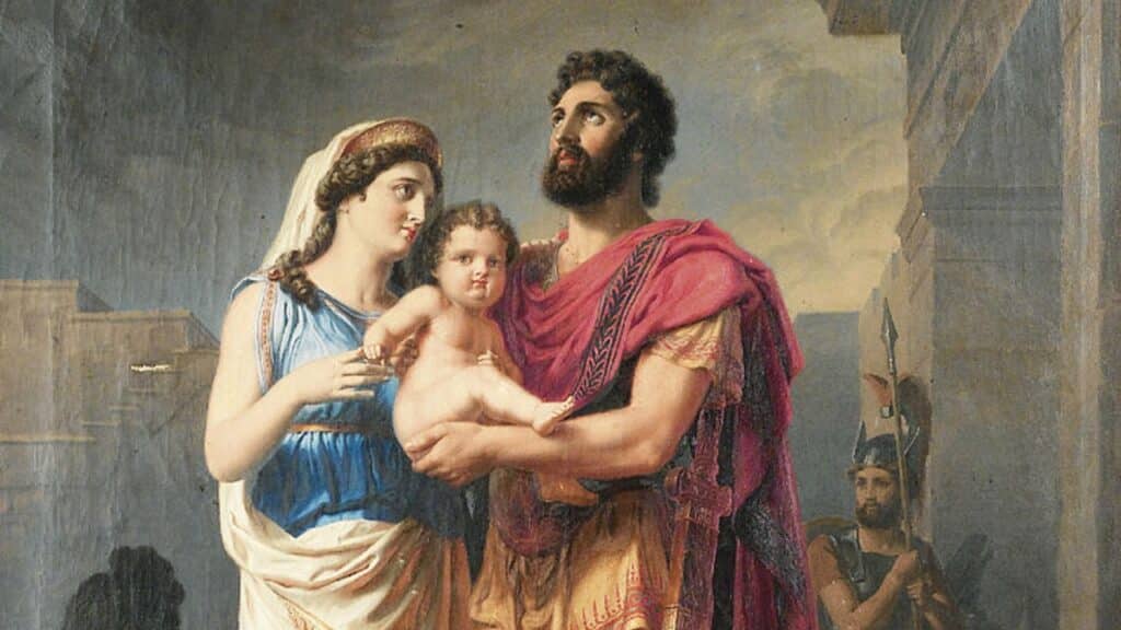 Painting of Hector bidding farewell to Andromache and their child, illustrating maternal devotion in ancient Greek mythology.