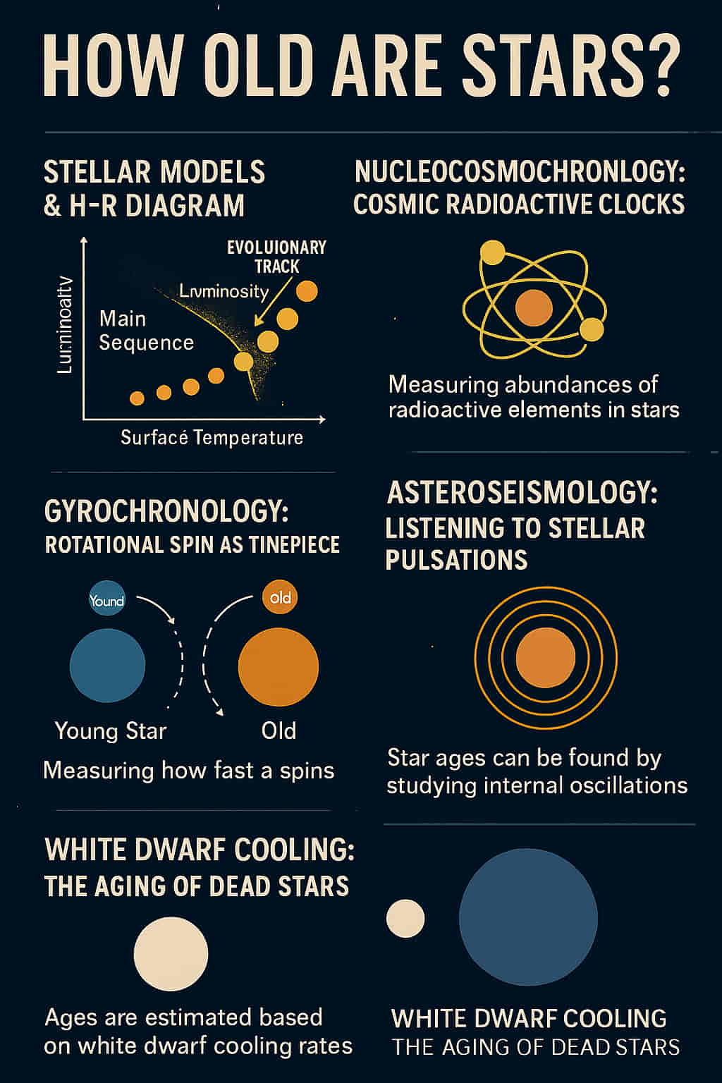 Infographic titled "HOW OLD ARE STARS?" with a dark navy starry background, explaining five stellar age-dating methods—Stellar Models & H-R Diagram, Nucleocosmochronology, Gyrochronology, Asteroseismology, and White Dwarf Cooling—using simple icons and bold white text. 