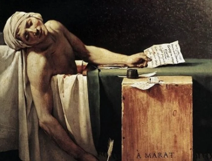 Painting depicting the assassination of Jean-Paul Marat by Charlotte Corday during the French Revolution.
