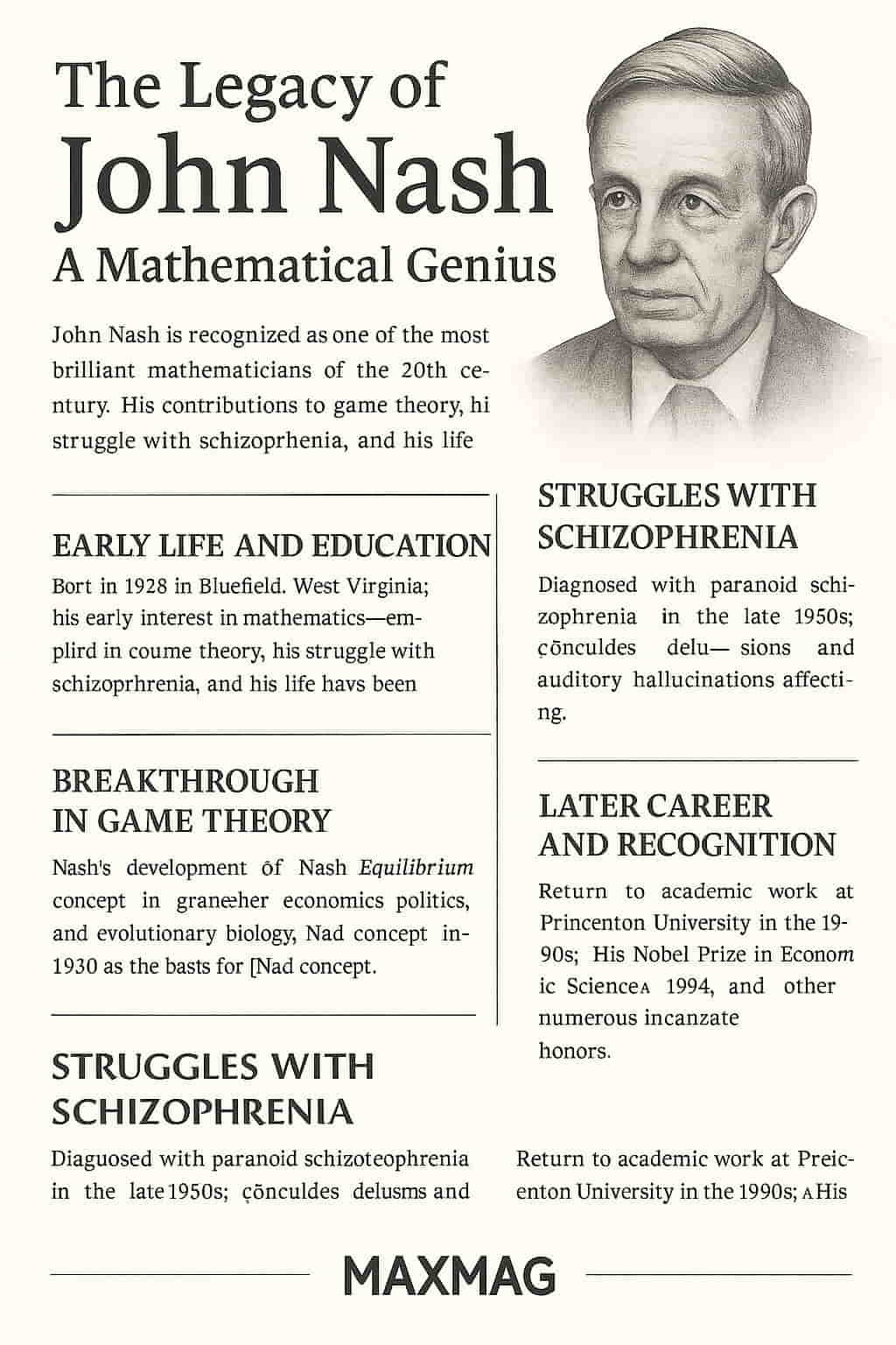 A visual timeline of John Nash’s life, highlighting his mathematical achievements, battle with schizophrenia, and enduring legacy in science and mental health—designed in a vintage style with the MAXMAG signature.