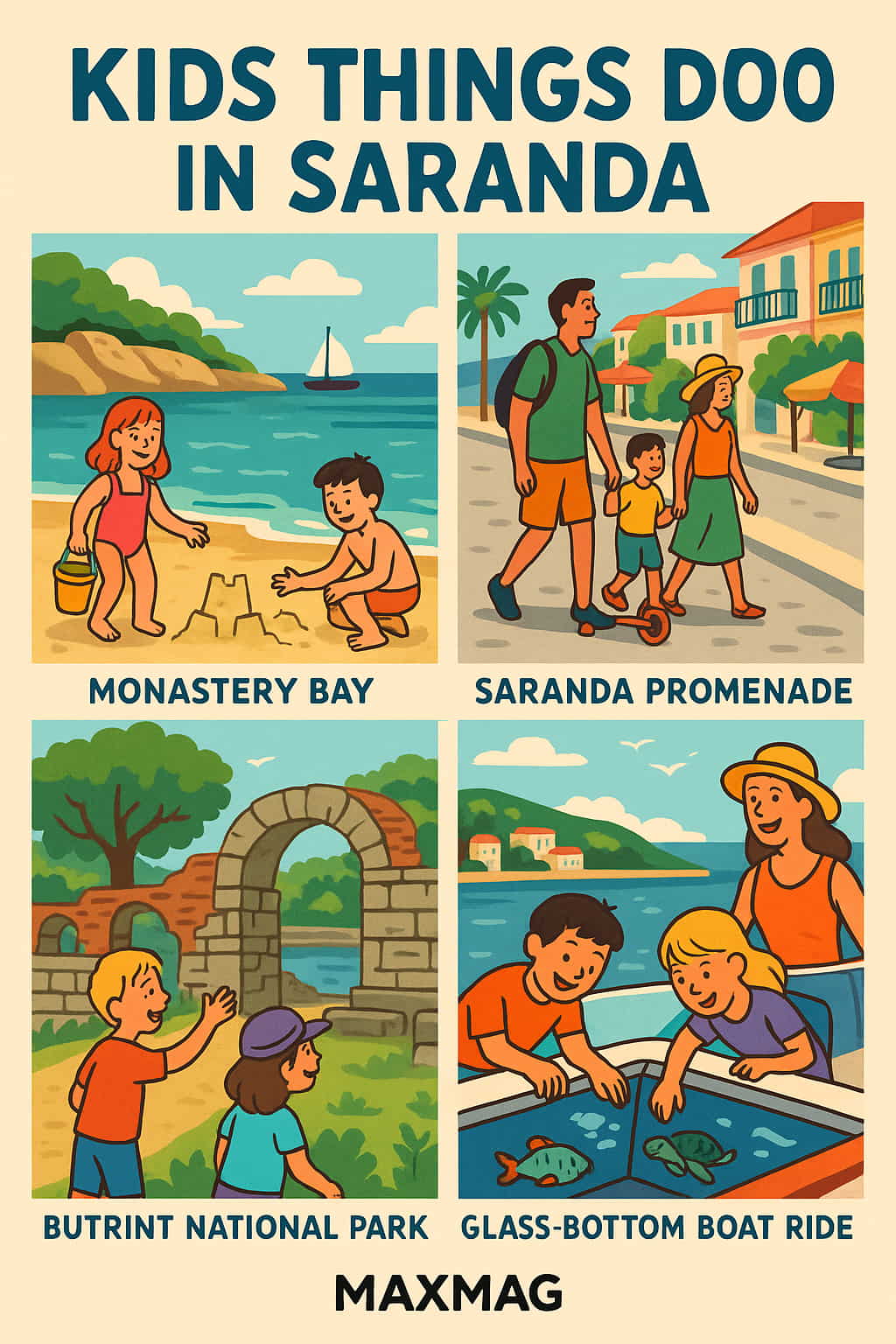 Illustrated travel poster titled "Kids Things to Do in Saranda," featuring four colorful scenes: children playing at Monastery Bay, a family walking along the Saranda Promenade, kids exploring Butrint National Park, and a glass-bottom boat ride. The MaxMag logo is centered at the bottom.