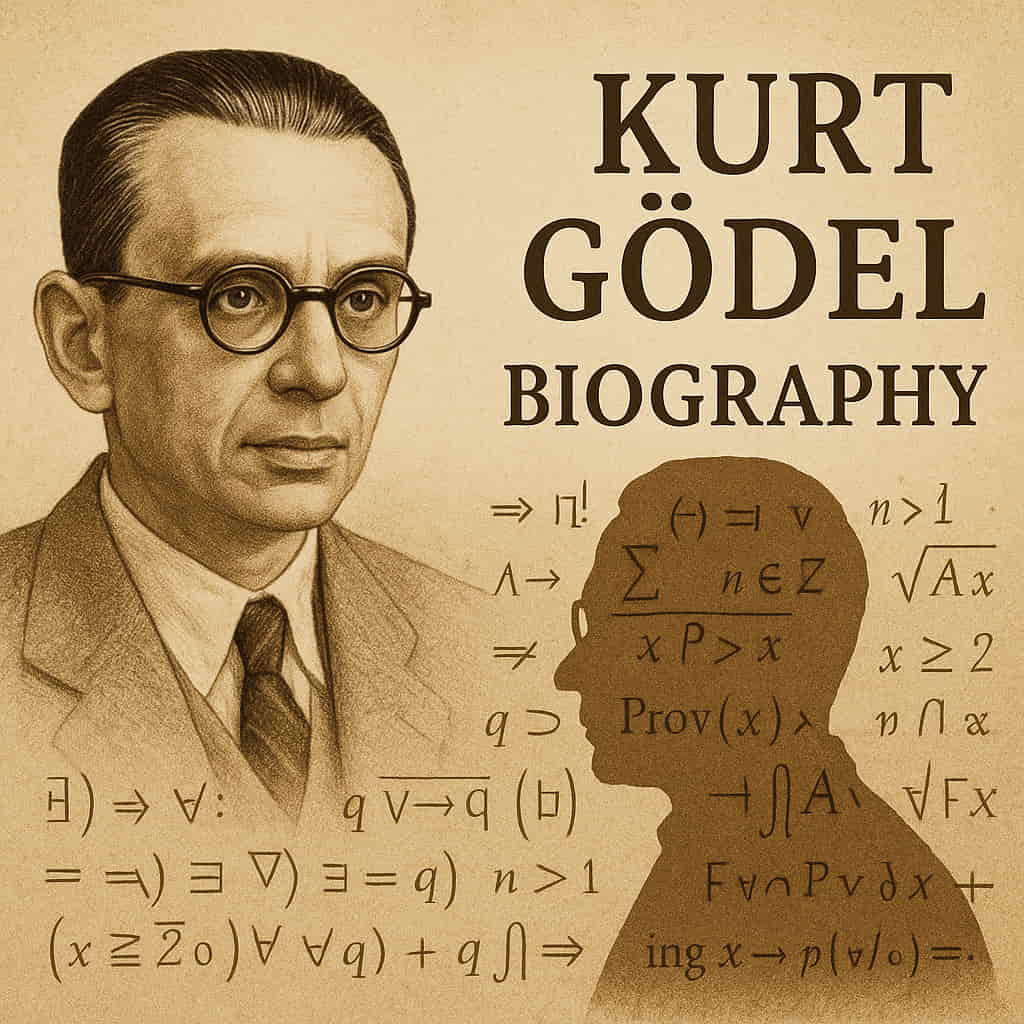 Vintage-style illustration of Kurt Gödel with mathematical formulas, biography title text