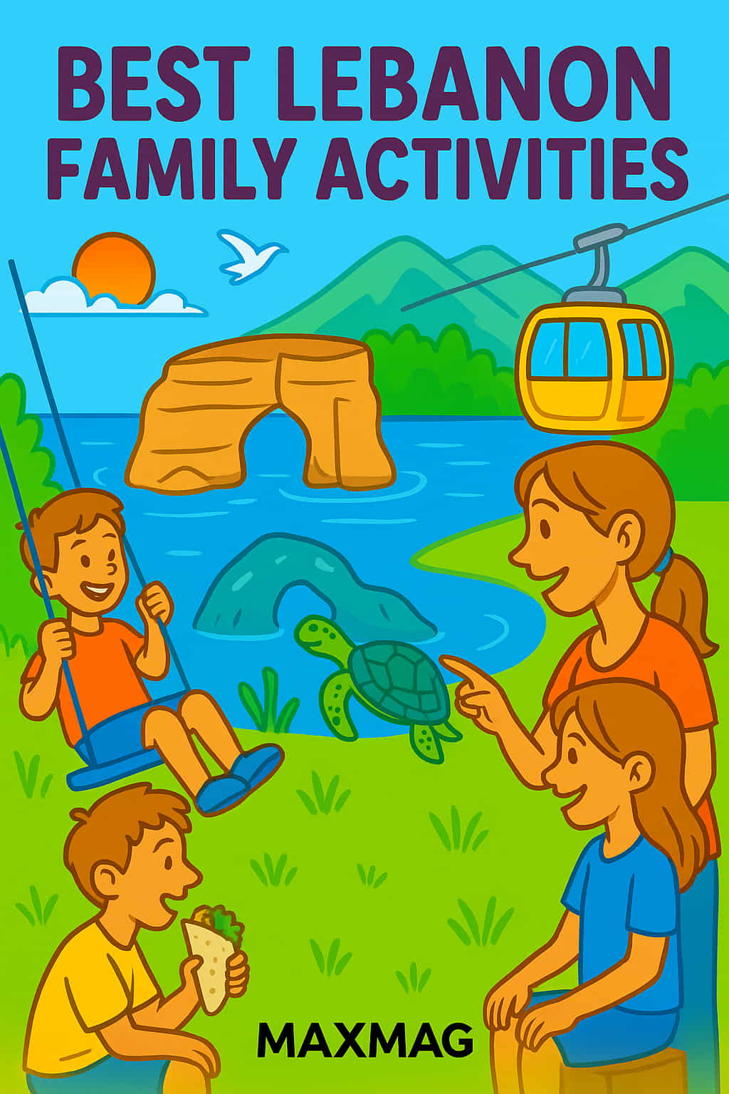 Colorful cartoon-style illustration titled "Best Lebanon Family Activities" showing a boy on a swing, a mother and daughter pointing at a sea turtle, and a boy eating a falafel wrap. In the background are natural landmarks including Jeita Grotto, a cable car over green hills, and the Raouché sea arch. The MAXMAG logo appears at the bottom center.
