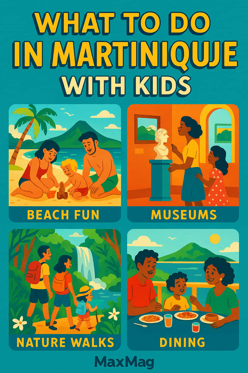 Colorful illustrated poster titled “What to Do in Martinique with Kids,” featuring vibrant scenes of families enjoying beach activities, garden walks, museums, and dining, set against a tropical Martinique backdrop with the MaxMag logo at the bottom center.