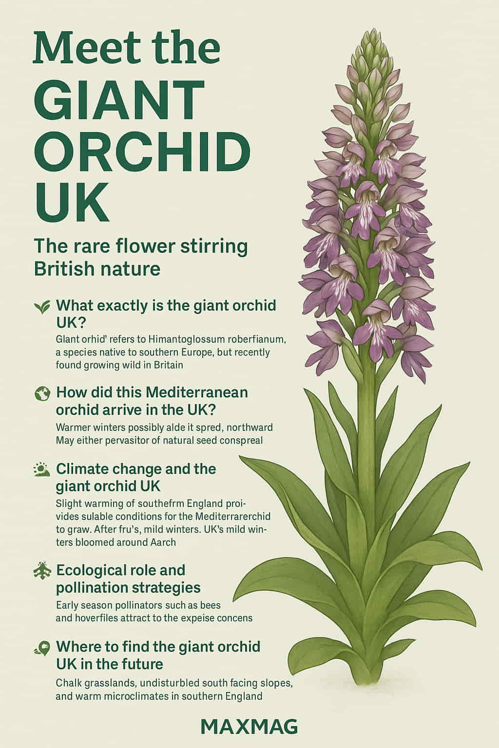 Infographic highlighting the discovery and ecological impact of the Giant Orchid UK (Himantoglossum robertianum), with sections on its origin, climate adaptation, pollinators, and future habitats. A MAXMAG logo is centered at the bottom.