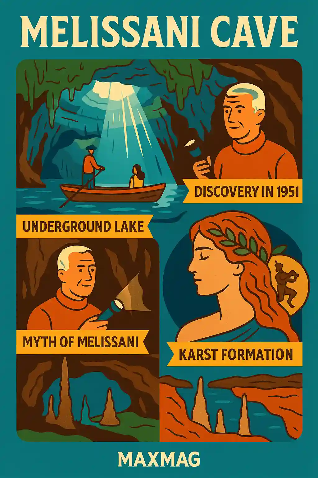 A colorful illustrated infographic showcasing Melissani Cave in Kefalonia, Greece. The design includes the cave's collapsed roof, turquoise underground lake, mythological figures of nymphs and Pan, rowboat with visitors, and stalactites. A MAXMAG logo is placed at the bottom center.