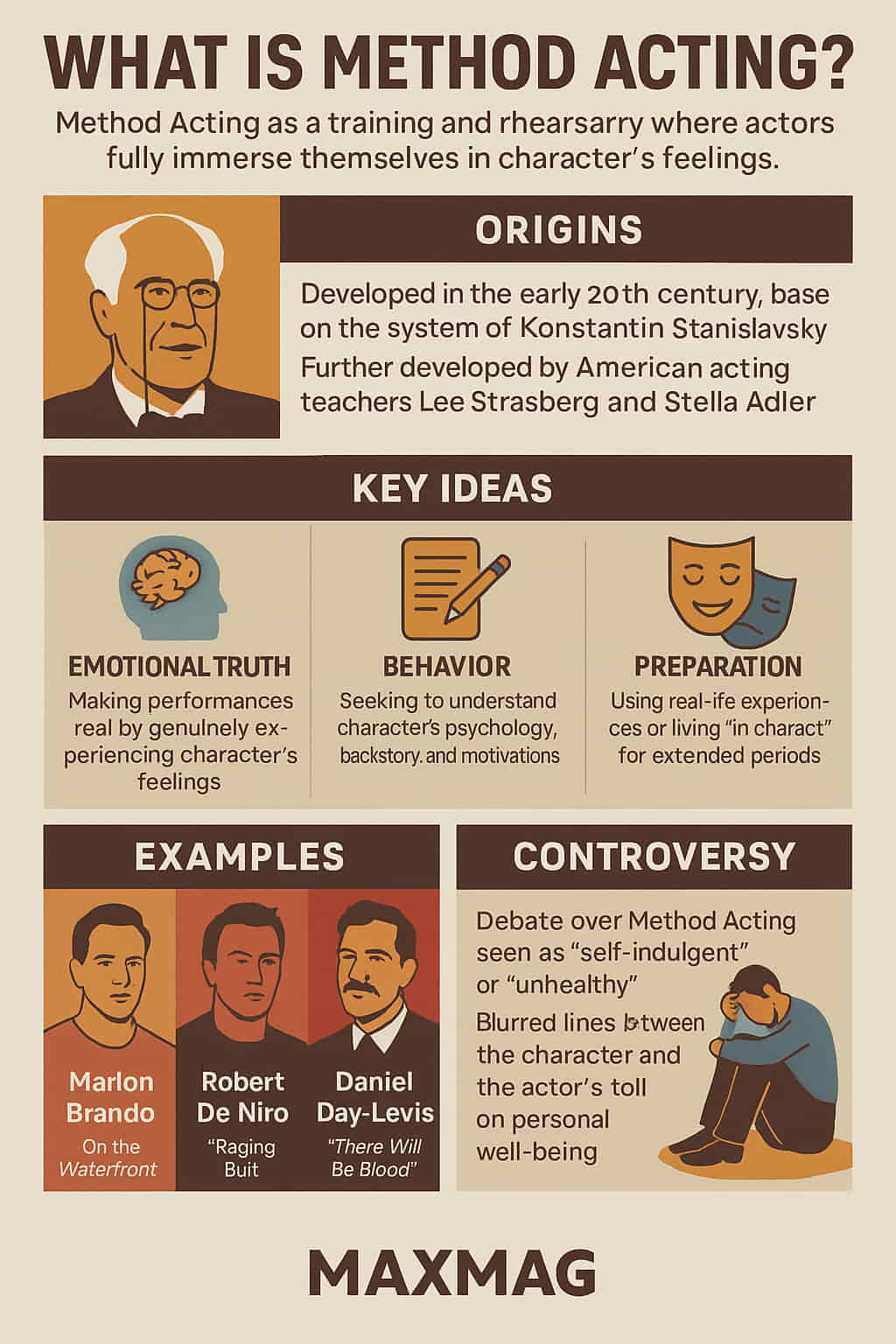 Color-toned infographic titled ‘WHAT IS METHOD ACTING?’ on a warm beige background. It opens with a subtitle explaining the technique, then four boxed sections: ‘Origins’ (portrait of Konstantin Stanislavski beside text on early-20th-century roots and Lee Strasberg’s development), ‘Key Ideas’ (icons for emotional truth, behavior, preparation with short descriptions), ‘Examples’ (stylized portraits of Marlon Brando, Robert De Niro, Daniel Day-Lewis and their landmark roles), and ‘Controversy’ (illustration of a seated, worried actor with notes on self-indulgence and mental toll).