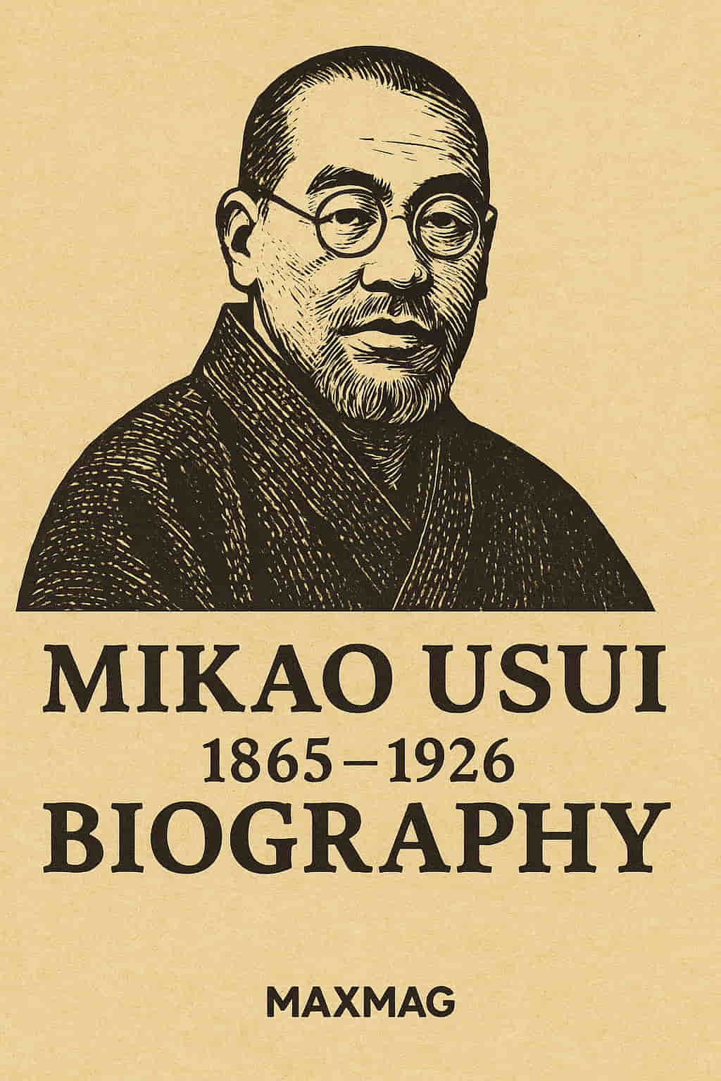 Vintage-style illustrated poster of Mikao Usui, the Japanese founder of Reiki, with bold black line art on a parchment-toned background. Includes his name, life dates (1865–1926), the word "BIOGRAPHY," and the MAXMAG logo centered at the bottom.