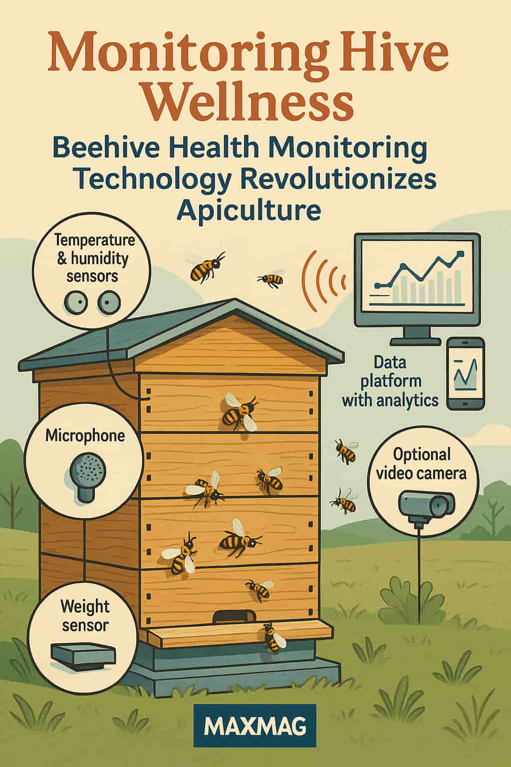 "Infographic showing beehive health monitoring technology with sensors for temperature, humidity, weight, and sound, connected to a data platform for real-time hive analytics."