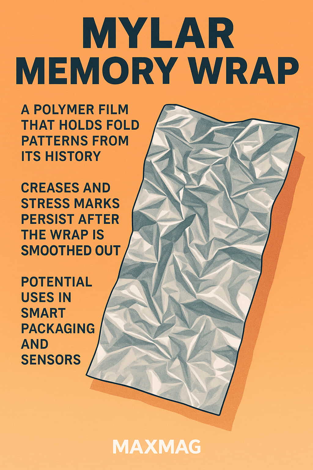 Illustration of a crinkled silver Mylar sheet on an orange background with bold text describing its memory effect. MAXMAG logo appears at the bottom center.