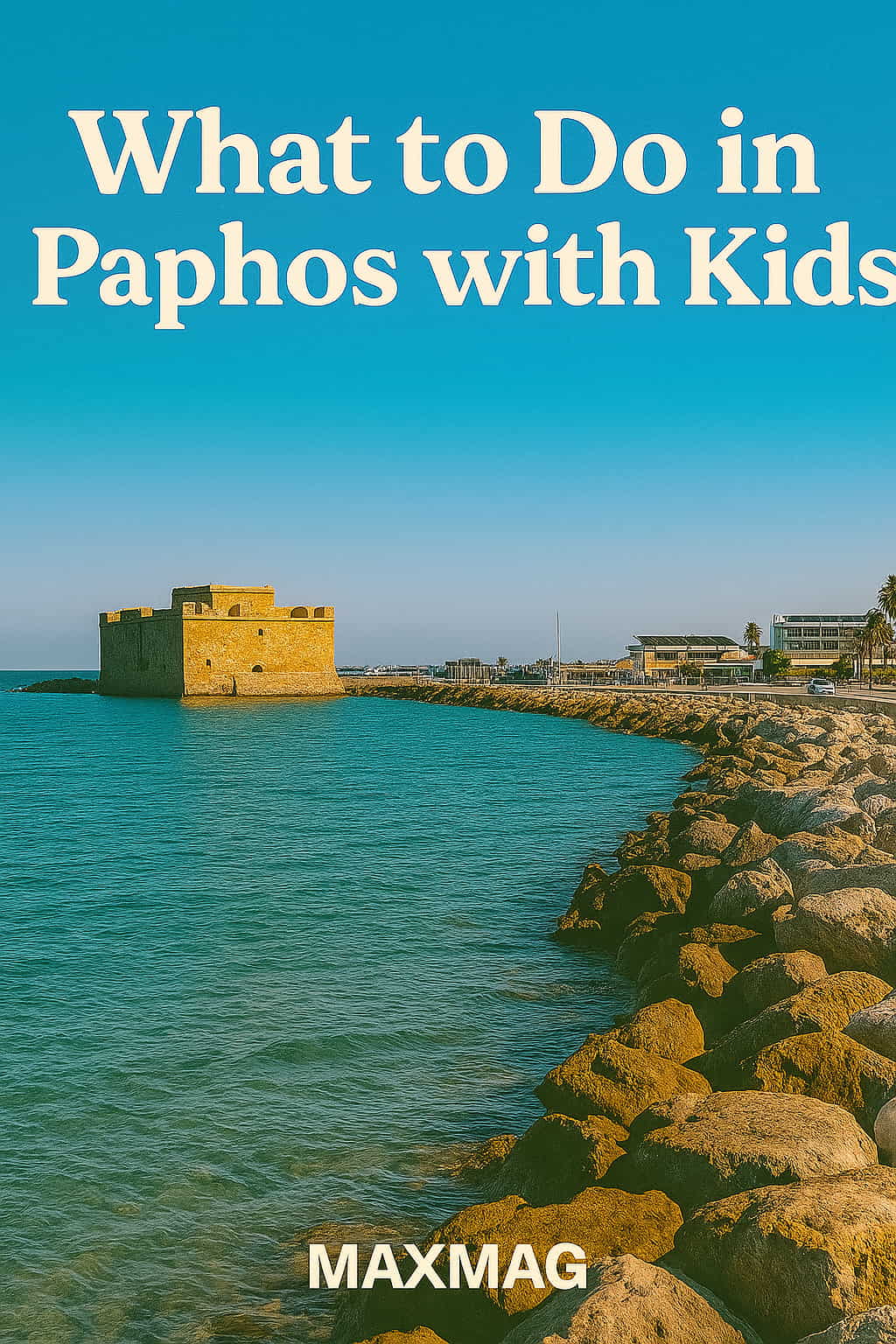 A scenic coastal view of Paphos, Cyprus, showing the medieval Paphos Castle at the harbor with calm turquoise waters, a rocky shoreline, and a bright blue sky. Large serif text at the top reads “What to Do in Paphos with Kids,” and the MAXMAG logo is displayed at the bottom center.