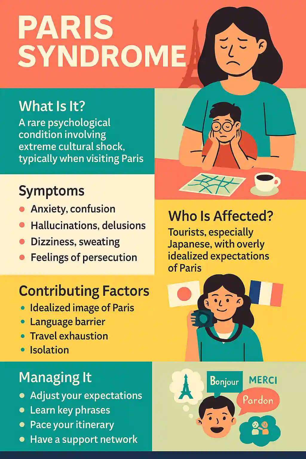 Colorful flat-style infographic titled "PARIS SYNDROME" illustrating key facts about the psychological condition. Features icons representing culture shock, emotional responses, and affected tourists. Includes sections on symptoms, causes, case studies, and coping strategies. The MAXMAG logo is displayed clearly at the bottom center of the image.