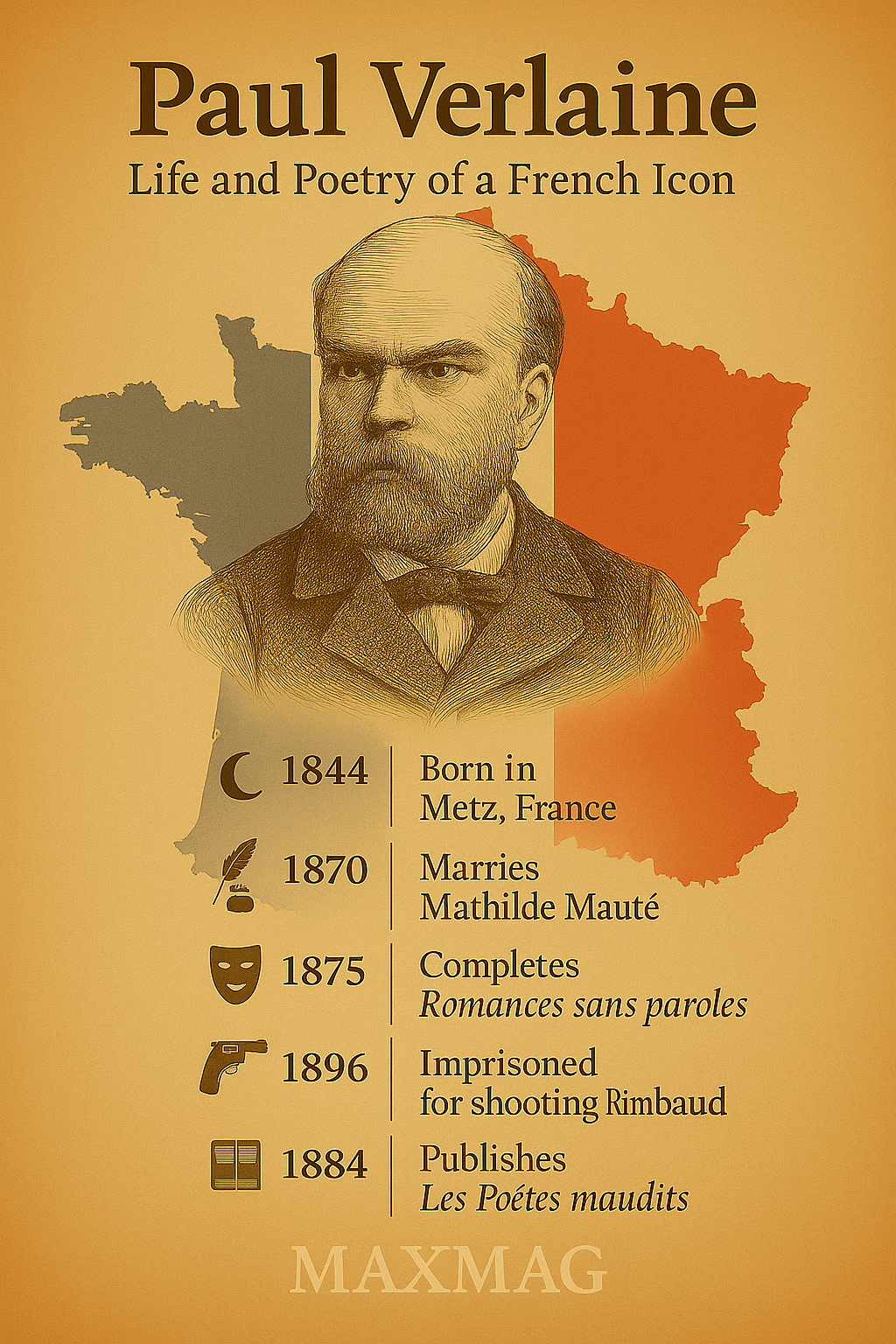 Sepia-toned infographic of Paul Verlaine with a French map and flag background, featuring a portrait and timeline of his poetic life and legacy.