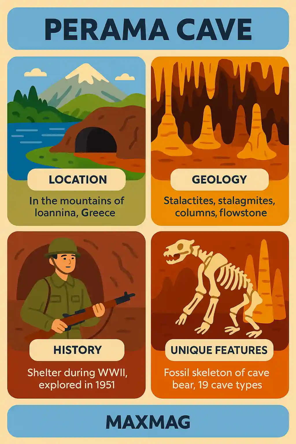 A colorful infographic titled "Perama Cave" featuring illustrated sections that highlight the cave's stalactites and stalagmites, the discovery during WWII, the cave bear fossil, and geological formations across the 1-km walking route. Includes visual icons like lamps, fossils, and cave chambers. The MAXMAG logo is centered at the bottom.